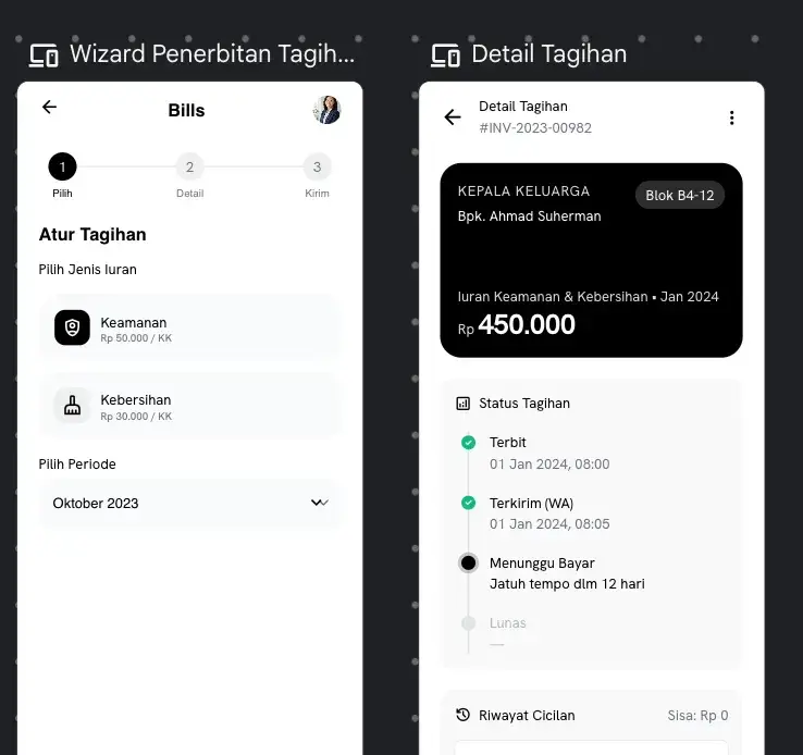 Screenshot alur billing Stitch untuk iuran keamanan dan kebersihan