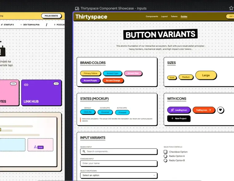 Screenshot showcase komponen dengan variasi tombol, input, dan states