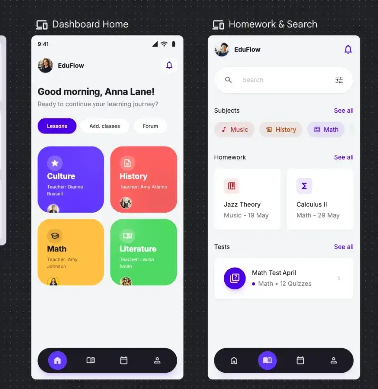 Screenshot dashboard EduFlow dengan homework, subject, dan test