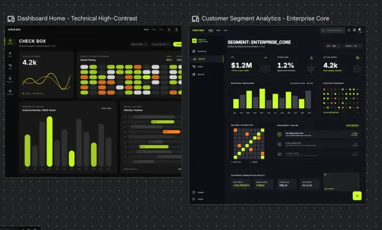 Screenshot dashboard analitik gelap dengan metrik inti dan grafik performa
